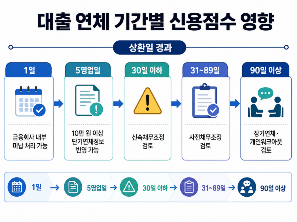 대출 연체 1일 5영업일 30일 90일 기준별 신용점수 영향