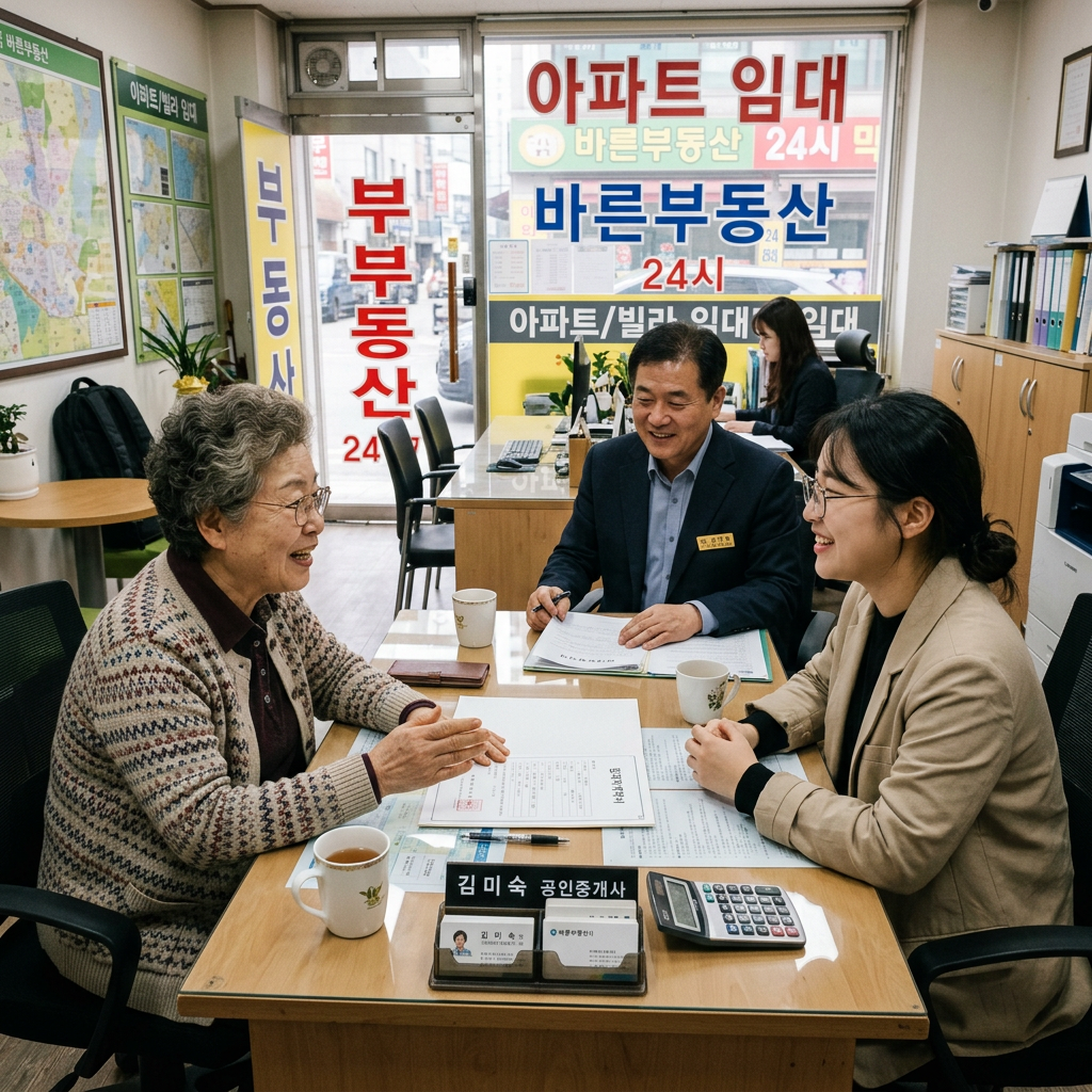 부동산에서 집주인과 임대인 대화 장면