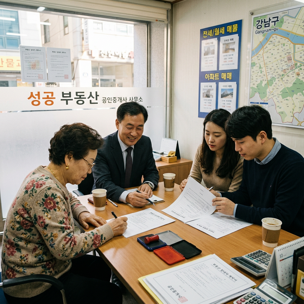 부동산에서 집주인과 임대인 계약서 작성 장면